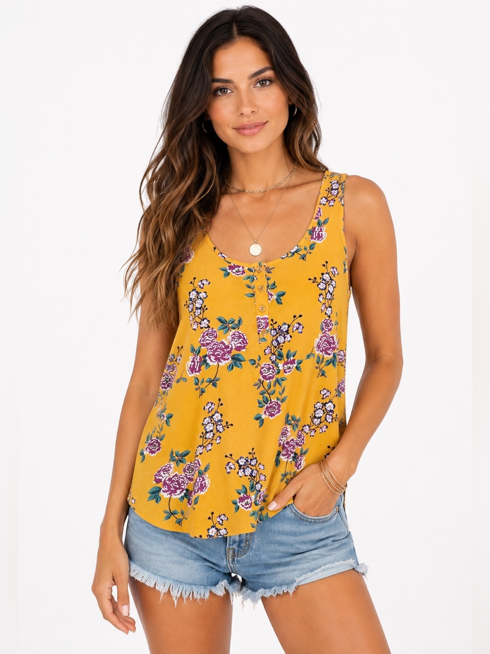 Pink Rose Mustard Yellow Floral Tank Top Boho Sleeveless Summer Blouse Medium